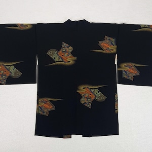 Women's black Haori Kimono jacket with Books pattern, unique vintage and second-hand piece in silk