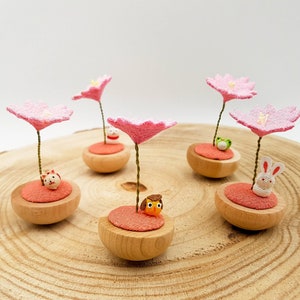 Japanese lucky sakura and animal figurine in wood and chirimen fabric