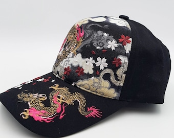 Casquette brodée réglable à motif japonais Dragon Noir