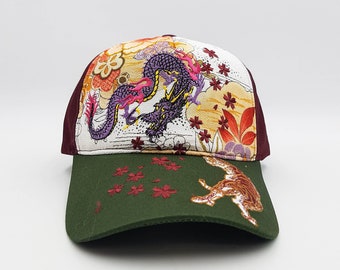 Casquette brodée réglable à motif japonais Tigre & Dragon couleur bordeaux kaki