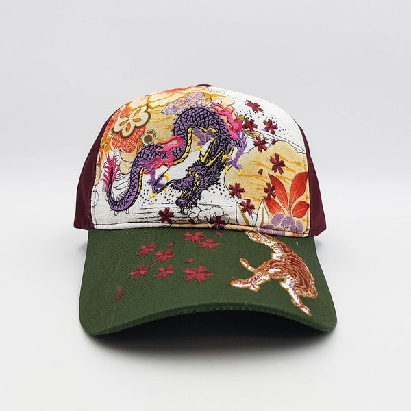 Casquette brodée réglable à motif japonais Tigre & Dragon couleur bordeaux kaki