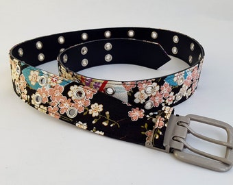 Ceinture japonaise Noir & Rose/Rouge tissu Chirimen de Kyoto