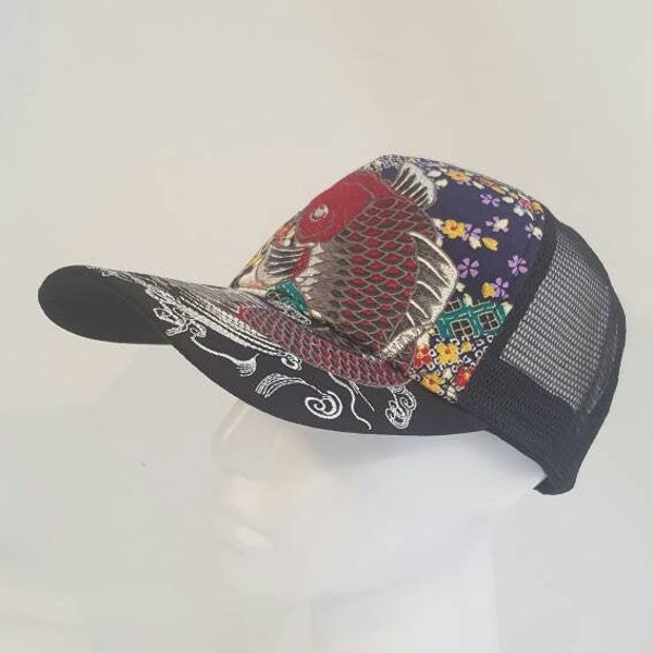 Casquette brodée réglable à motifs japonais Koi Noir & Résille, tissu japonais Japon tatouage baseball cap