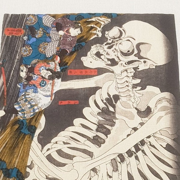 Tenugui serviette japonaise 100% coton imprimé avec reproduction d'estampe Takiyasha Hime et le squelette de l'artiste Utagawa Kuniyoshi