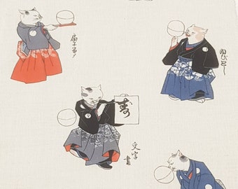 Tenugui serviette japonaise 100% coton imprimé avec reproduction d'estampe Chats Sportifs de l'artiste japonais Utagawa Kuniyoshi, bandeau