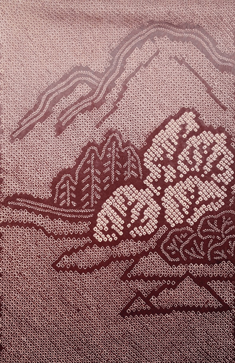 Coupon fabric silk shibori Japanese motif Landscape Bordeaux and Rose tie and dye silk kimono japanese fabric wine vintage remnant fabric