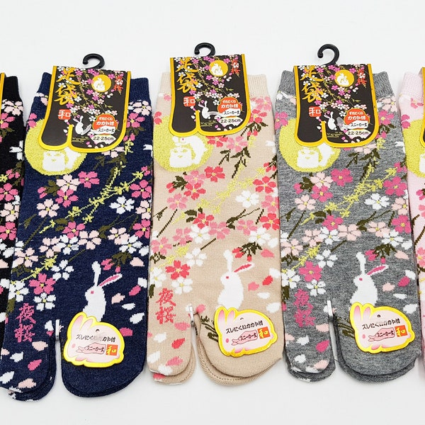 Chaussettes Japonaises Tabi courtes en coton motif Lapin Fleurs de cerisier Taille Fr 34 - 40, socquette kutsushita geta accessoire kimono