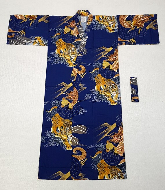 Yukata japonais court 100 coton raccourci avec poches Navy Or