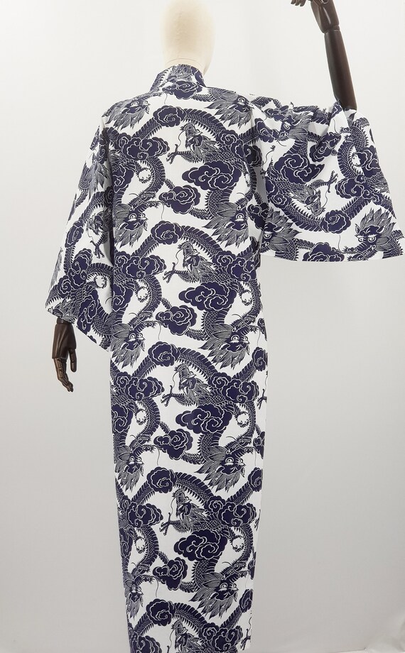 Yukata japonais 100 coton Blanc Bleu motif dragon veste ete kimono leger homme robe ete Etsy France