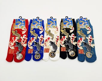 Calcetines Tabi japoneses en algodón y estampado de peces Koi Hechos en Japón Talla Fr 40 - 45