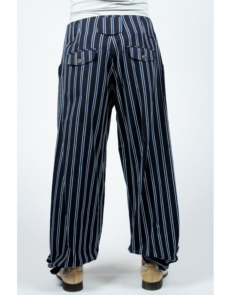 Blue Maru pants with white stripes tightened at the ankles casual inspired Japan AOI Clothing street wear