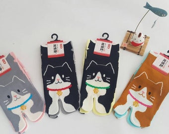 Japanese Tabi Socks in Cotton and Neko Cat Kawaii Pattern Made in Japan Size Fr 34 - 40