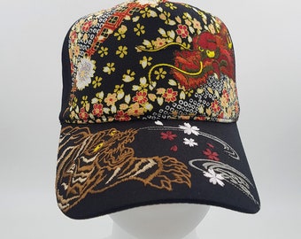 Tiger & Dragon Japanese Pattern Adjustable Embroidered Cap Red Black