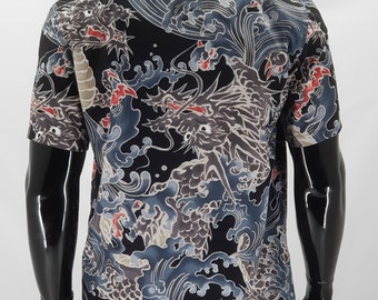 Camisa sin cuello en tejido japones con estampado de dragones AOI Clothing Etsy Espana