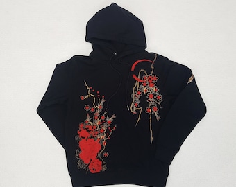 Hoodie hoodie hoodie pattern embroidered dragron and red flower, inspiration Japan sweatshirt sweater