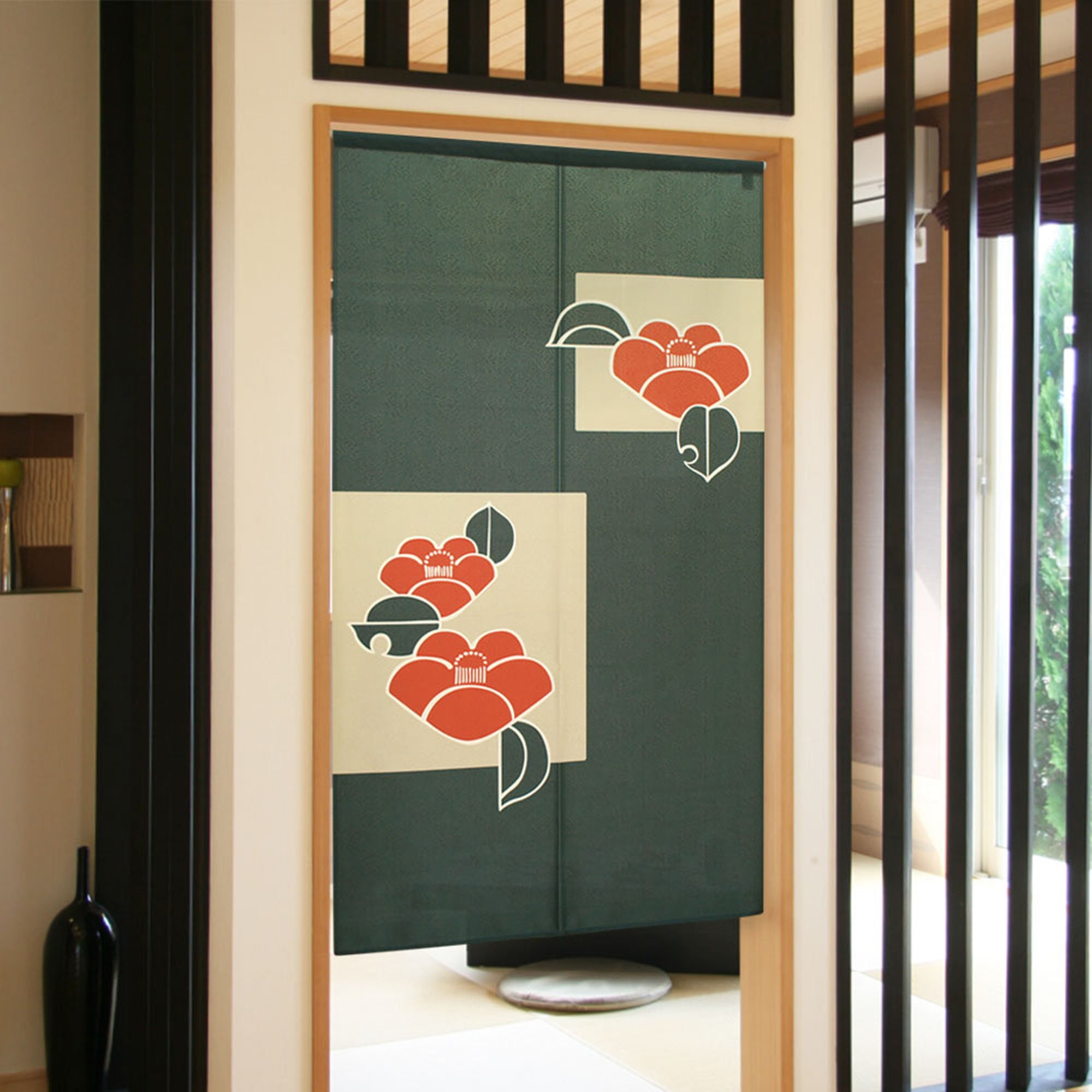 Noren Rideaux de Porte Japonais Motif Fleurs et Carrés Vert, Japon Tapisserie Rideau Fenêtre