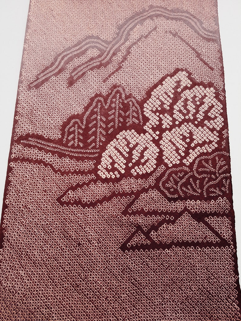 Coupon fabric silk shibori Japanese motif Landscape Bordeaux and Rose tie and dye silk kimono japanese fabric wine vintage remnant fabric