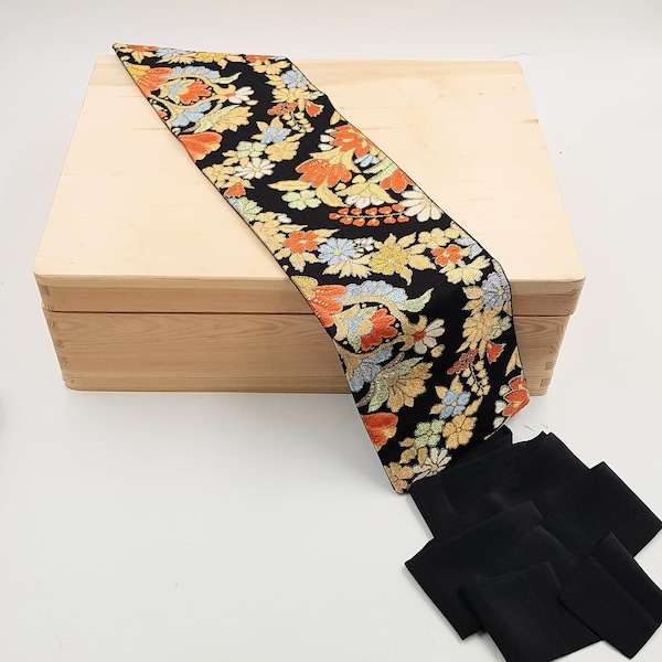 Ceinture en obi japonais réversible motifs fleurs d'eau , fabriquée en France