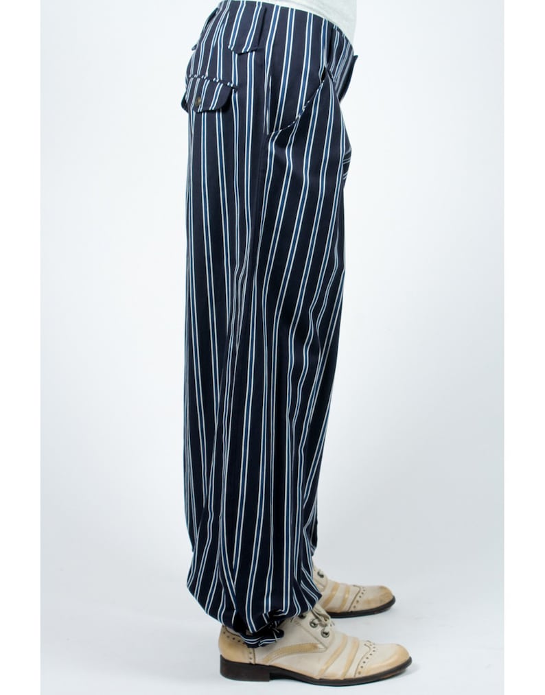 Blue Maru pants with white stripes tightened at the ankles casual inspired Japan AOI Clothing street wear