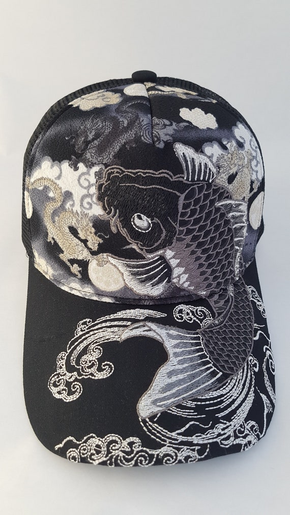 Adjustable Fishnet, Fabric Koi Pattern Cap Tattoo & Japanese Japanese Japan Embroidered Black Etsy Baseball - With Cap White