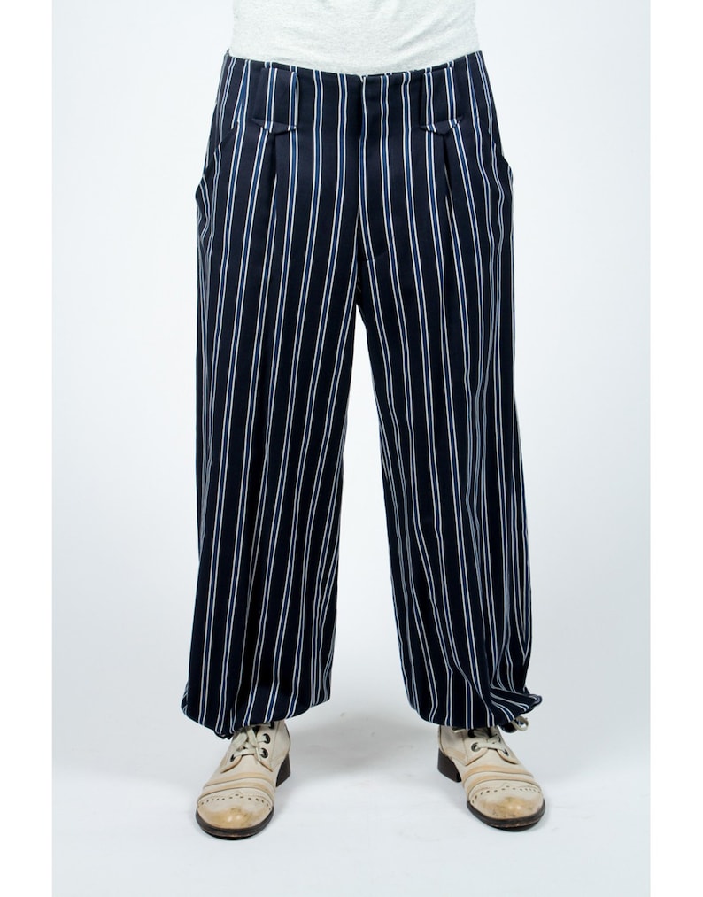 Blue Maru pants with white stripes tightened at the ankles casual inspired Japan AOI Clothing street wear