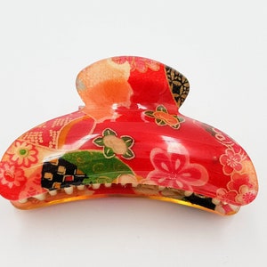 Grande pince crocodile à cheveux japonaise avec tissu chirimen et résine Rose