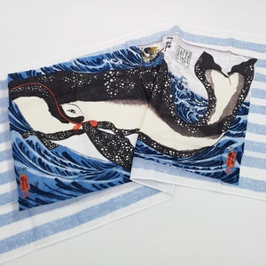 Tenugui Japanese towel 100% cotton printed with reproduction of Musashi and the Whale print by Japanese artist Utagawa Kuniyoshi