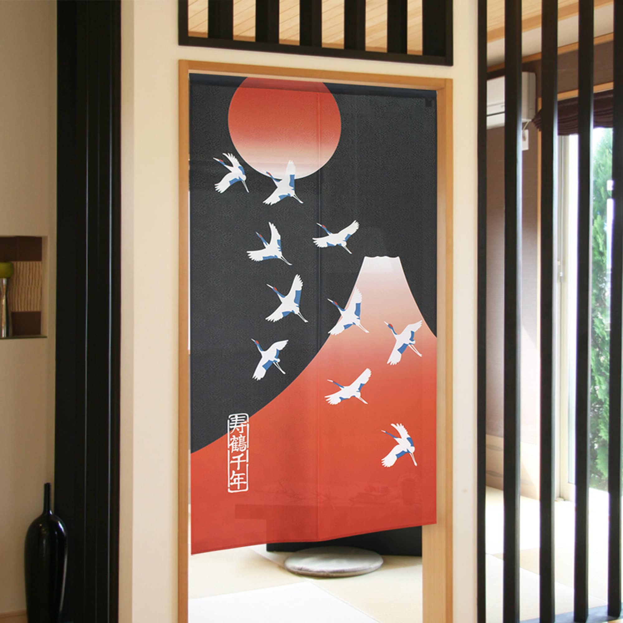 Noren Rideaux de Porte Japonais Motif Grue & Mont Fûji Rouge, Japon Tapisserie Rideau Fenêtre