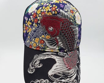 Casquette brodée réglable à motif japonais Carpe Koï Noir