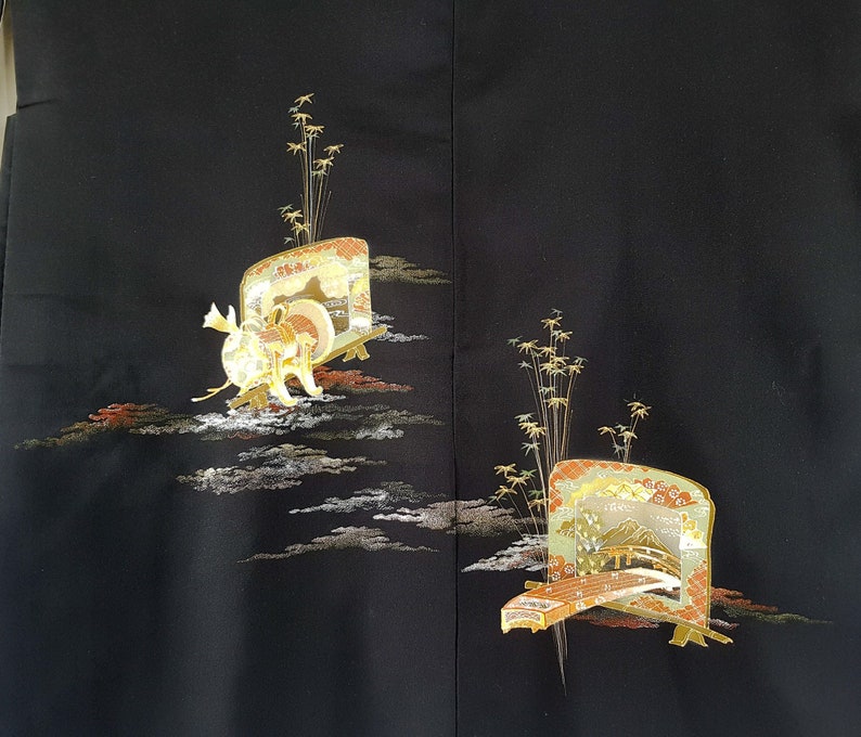 unique vintage piece and second hand silk Kimono Haori black women/'s jacket pattern Decorative bridges