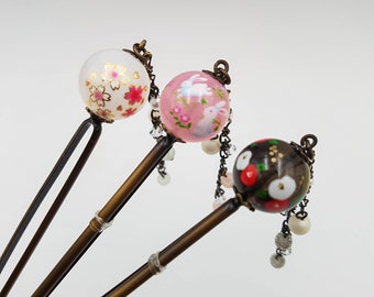 Kanzashi Japanese hairpin with glass ball and pearl chain