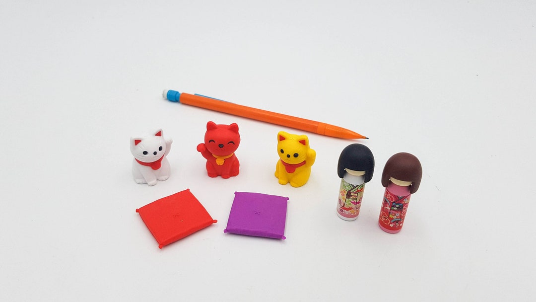 Japanese Erasers Iwako Set of 7 Pieces Kokeshi and Cats, 3D Puzzle