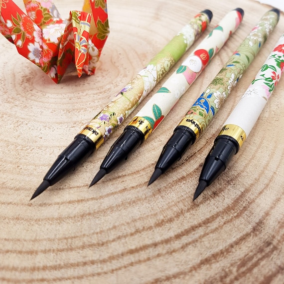 Japanese Calligraphic Ink Pen With Chiyogami Paper Decoration With Green &  White Patterns Set J 