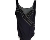 Vintage Robby Len Womens One Piece Swimsuit Size 10 Black Gold Trim Mesh