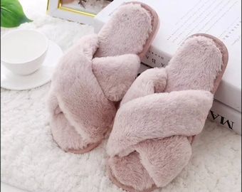 Plain Fluffy Slippers, Faux Fur Mule Slippers, Winter Christmas Gifts for Her, Soft and Fluffy Sliders
