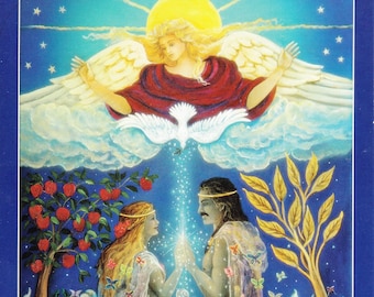 May include: The Lovers tarot card depicts a couple standing in front of a fountain, with an angel above them. The couple is surrounded by butterflies and flowers, and the background is a blue sky with stars. The card is titled "6 - The Lovers".