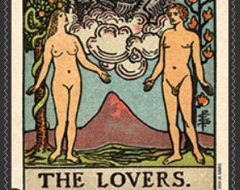 May include: The Lovers tarot card depicts a winged angel above two nude figures standing on either side of a mountain. The angel has a halo and is surrounded by a yellow sun. The card number, VI, is visible in the top right corner. The text "THE LOVERS." is at the bottom of the card.