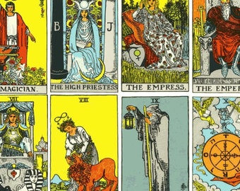 May include: A vintage tarot card deck featuring ten cards, including The Magician, The High Priestess, The Empress, The Emperor, The Chariot, Strength, The Hermit, and Wheel of Fortune. The cards are illustrated with colorful images and text.