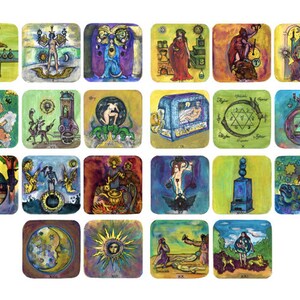 May include: A set of 22 colorful tarot cards with various illustrations, including a person holding a scale, a person with wings, a person with a crown, a person with a sword, a person with a cup, a person with a wand, a person with a pentagram, a person with a chariot, a person with a wheel, a person with a tower, a person with a star, a person with a moon, a person with a sun, a person with a world, a person with a death, a person with a temperance, a person with a devil, a person with a judgment, a person with a fool, a person with a magician, a person with a high priestess, and a person with an empress.