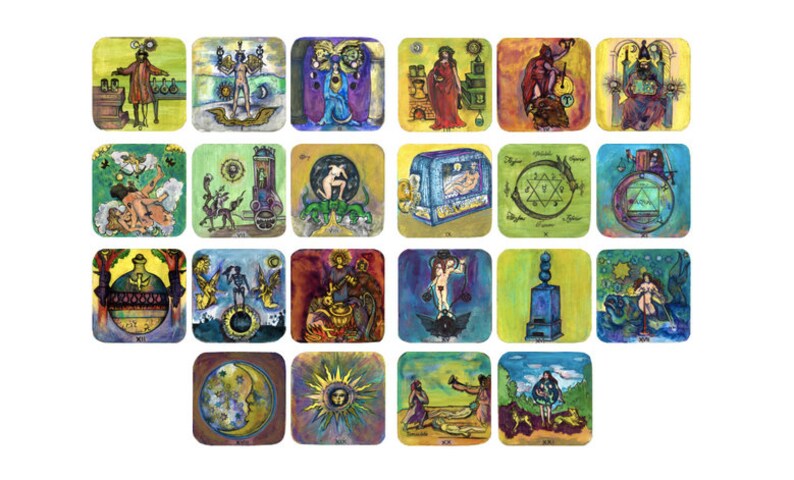May include: A set of 22 colorful tarot cards with various illustrations, including a person holding a scale, a person with wings, a person with a crown, a person with a sword, a person with a cup, a person with a wand, a person with a pentagram, a person with a chariot, a person with a wheel, a person with a tower, a person with a star, a person with a moon, a person with a sun, a person with a world, a person with a death, a person with a temperance, a person with a devil, a person with a judgment, a person with a fool, a person with a magician, a person with a high priestess, and a person with an empress.