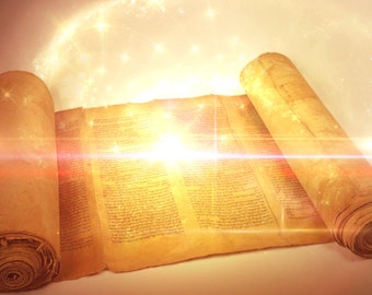 May include: An old, rolled-up scroll with a golden glow emanating from the center. The scroll is made of parchment and has a worn, aged appearance. The light from the scroll is bright and intense, creating a sense of mystery and wonder.