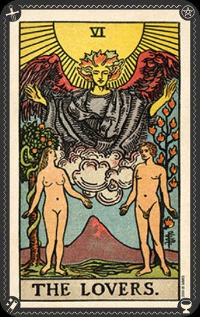 May include: The Lovers tarot card depicts a winged angel above two nude figures standing on either side of a mountain. The angel has a halo and is surrounded by a yellow sun. The card number, VI, is visible in the top right corner. The text "THE LOVERS." is at the bottom of the card.