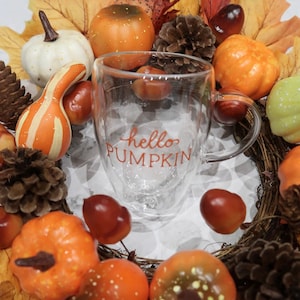 Hello pumpkin personalised double walled glass mug. Autumn mug. Halloween mug. Different wording available. Gift. Autumn present