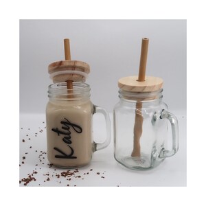 Personalised glass/bamboo mason jar. Ideal for iced coffees, smoothies. Eco friendly, sustainable living