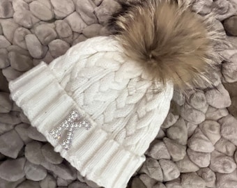 Personalised pom pom chunky knit wooly hat with initial. Pearl initial hat different colours available Christmas gift