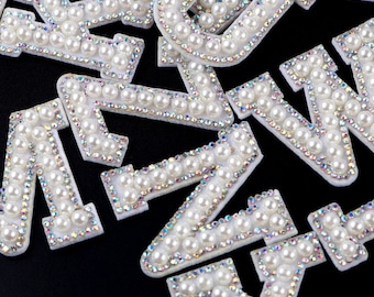 White Pearl and rhinestone letter patches for Iron on, embroidery. Personalise your own clothes & bags