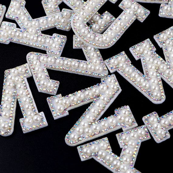 White Pearl and Rhinestone Letter Patches for Iron On, Embroidery.  Personalise Your Own Clothes & Bags 