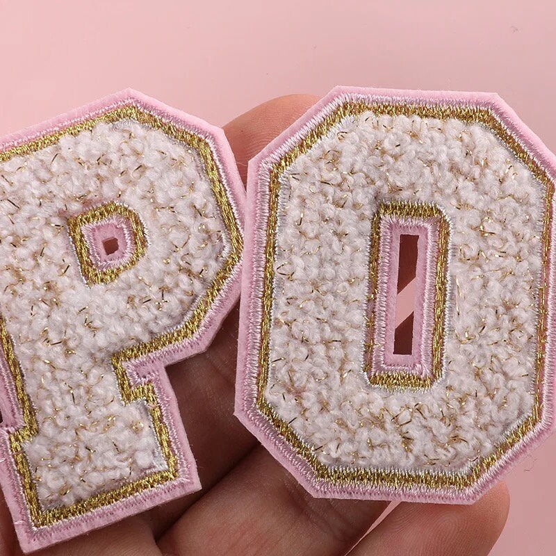 1-pc Green Letter A Chenille & Pink Glitter, w/ White Felt, Size 2.75  Varsity Letter Patch with Iron-on Backing, Small Chenille Letters