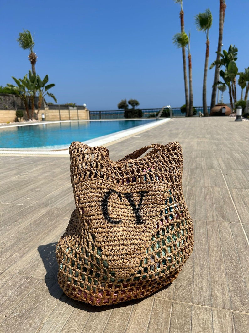 Personalised initial woven tote bag personalised beach bag with initials holiday bag personalised beach bag ideal for holidays image 1