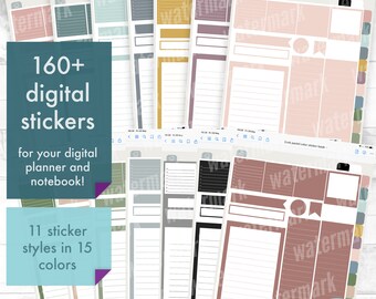 Könnte beinhalten: Ein digitales Planer-Sticker-Paket mit über 160 Stickern in 11 Stilen und 15 Farben. Die Sticker sind für die Verwendung in digitalen Planern und Notizbüchern konzipiert. Der Text auf dem Bild lautet "160+ digitale Sticker für deinen digitalen Planer und dein Notizbuch! 11 Sticker-Stile in 15 Farben".
